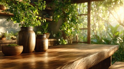 Fototapeta premium A cozy indoor garden showcases vibrant plants in charming jars, surrounded by natural light filtering through wooden decor for a tranquil atmosphere that invites relaxation.