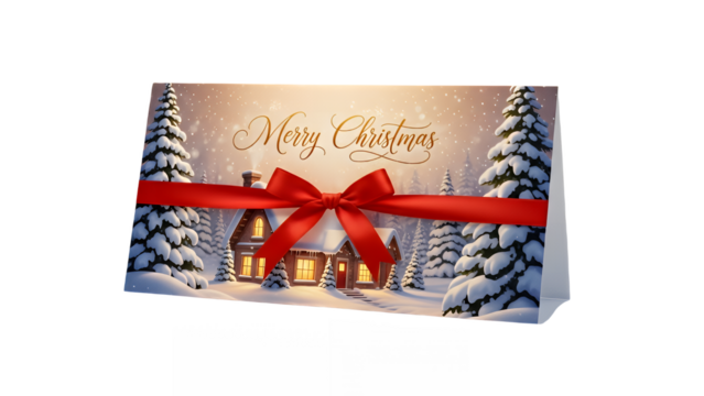 Merry christmas card featuring a snow covered house with a red ribbon wrap on transparent background
