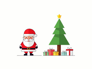 Cartoon illustration of Santa Claus standing next to a decorated Christmas tree with presents underneath, against a white background.
