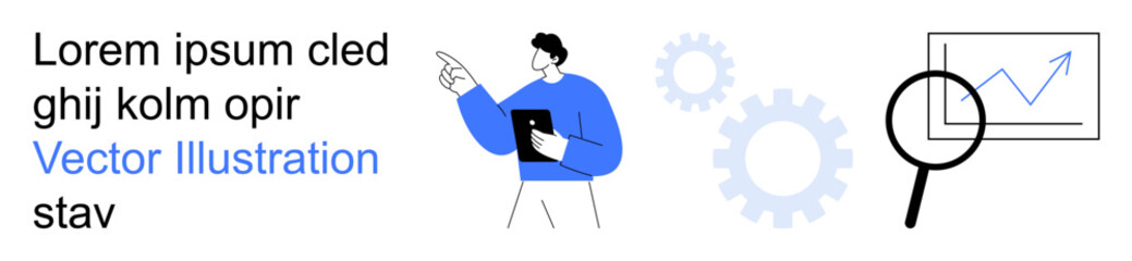 Business strategy, data analysis, teamwork, market trends, research planning, visualization. Businessperson pointing with charts, gears and magnifying glass. Business strategy and data analysis