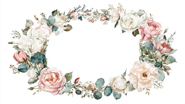 Elegant watercolor oval floral wreath features soft pink, cream, and white roses with green eucalyptus leaves, on a crisp white background. - Powered by Adobe