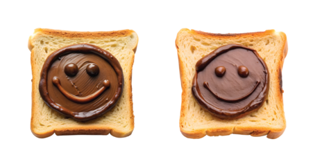 Toast with Smiley Face Topping: Toast decorated with chocolate spread forming a smiley face, playful mood, PNG cut out.