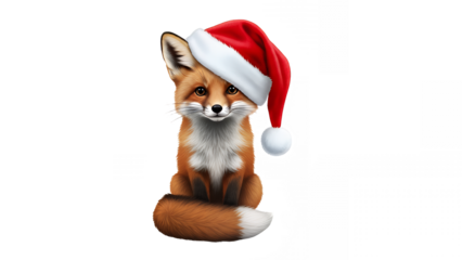 Adorable fox wearing a santa hat celebrates christmas with festive holiday cheer on transparent background