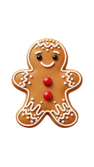 Fototapeta premium Smiling gingerbread man cookie with red buttons and white icing on transparent background