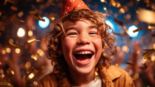 An ecstatic child in a party hat surrounded by colorful confetti, capturing the essence of celebration and joy during a festive event full of happiness and delight.
