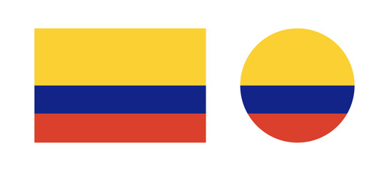 Flag of Colombia set. Round, rectangular Colombian flag badges. Colombia flag rectangle, circle icons.