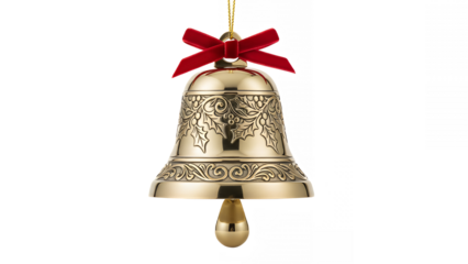 Ornate golden christmas bell with red velvet bow against a on transparent background
