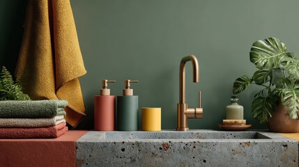 An aesthetically pleasing bathroom scene featuring a stylish countertop adorned with colorful soap dispensers, neatly folded towels, and lush green plants enhancing the ambiance.