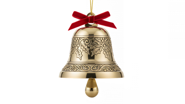 Ornate golden christmas bell with red velvet bow against a on transparent background