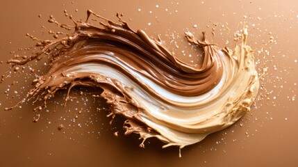 An abstract splash of brown and cream paint swirling together, creating a dynamic and fluid visual representation of movement and creativity, ideal for modern art and design.