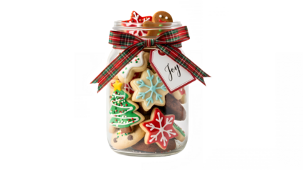 Festive christmas cookies in a glass jar with a plaid ribbon and joy tag on transparent background