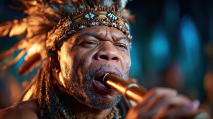 An elderly musician passionately playing a traditional flute, adorned with feathers, showcasing cultural heritage and the joy of music in a captivating setting.