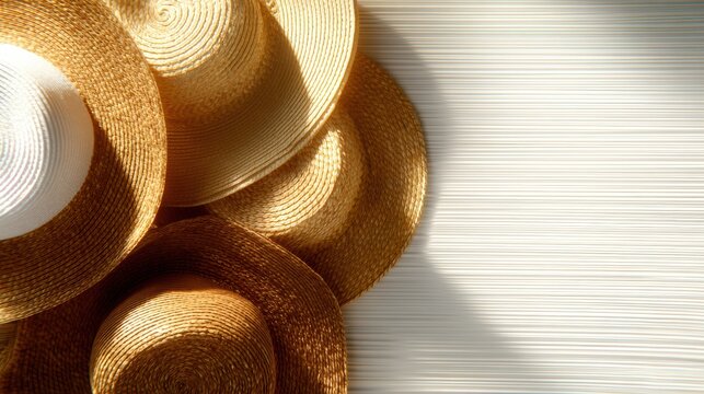 A collection of stylish straw hats arranged in an aesthetic layout, showcasing summer vibes and fashionable accessories for warm-weather occasions.