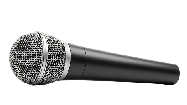 A sleek black handheld microphone, with a silver grille and metallic band, isolated on white or transparent background. PNG