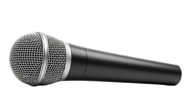 A sleek black handheld microphone, with a silver grille and metallic band, isolated on white or transparent background. PNG