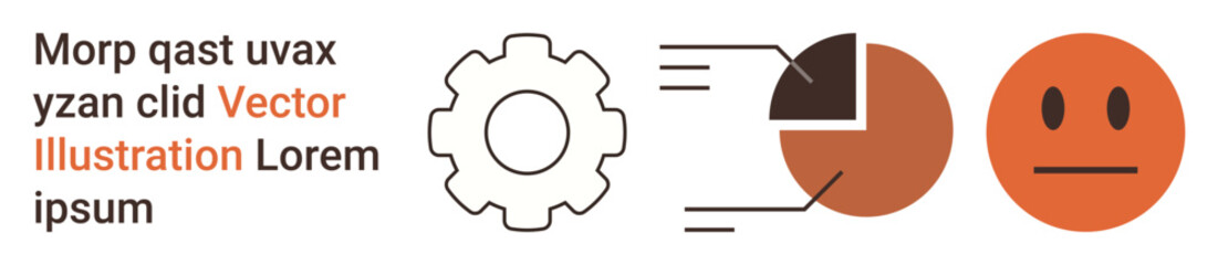 Business processes, data analytics, minimalism, communication concepts, feedback system, illustration design. Gear, pie chart and neutral faces in modern alignment. Data analytics and business