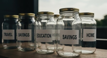 Empty glass jars with labels for different savings goals, lined up on a wooden surface