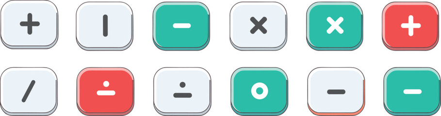 Obraz premium Set of Colorful Calculator and Math Operation Buttons with Plus, Minus, Multiply, and Divide Symbols for Digital Applications, UI/UX Design, and Financial Software.