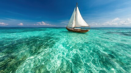 A majestic sailboat gracefully glides across shimmering turquoise waters, highlighting the beauty of serene ocean views and reminding viewers of adventure and freedom at sea.