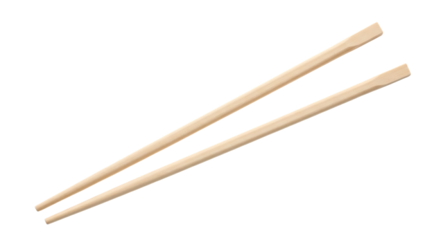 Two light wood chopsticks, angled diagonally across a plain background, isolated on white or transparent background. PNG