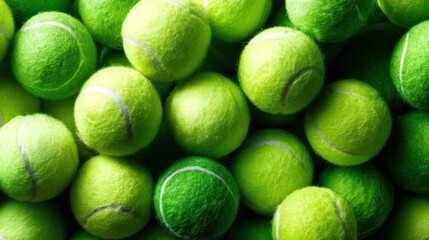 A multitude of bright green tennis balls stacked closely together provides an energizing and lively representation of sports, competition, and outdoor activities.