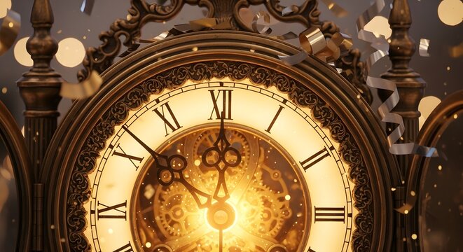 Close up of an antique clock with roman numerals and ornate details