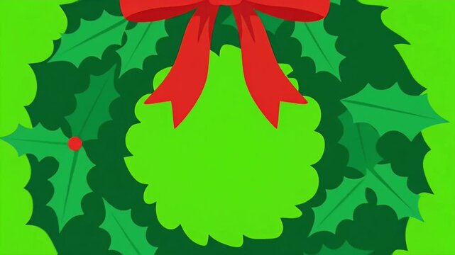 Animated Christmas Holly Wreath With Red Bow On Green.