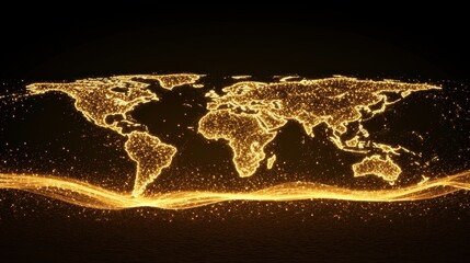Global Network World map with dynamic light trails connecting countries, dark background, representing global travel and communication