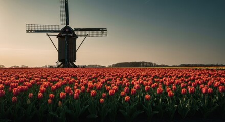 Dutch windmill at sunset over a field of red tulips