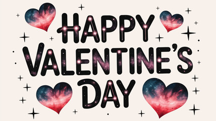 Happy valentines day text with galaxy hearts and stars on a light background celebrating love and romance with a cosmic theme