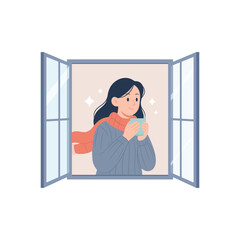 A woman drinking a warm drink while looking out an open window. Cozy winter mood with sweater and scarf. Flat vector illustration.