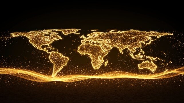 Global Network World map with dynamic light trails connecting countries, dark background, representing global travel and communication