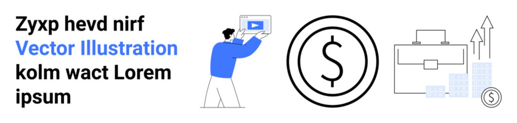 Person presenting video content, dollar sign, briefcase, and growth chart. Ideal for business, marketing, education, startup finance teamwork entrepreneurship. Perfect for a simple landing page