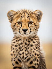 Adorable cheetah cub with piercing amber eyes gazes intently, capturing the essence of wild beauty