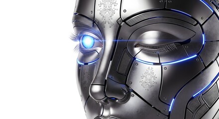 Close up of futuristic robot face with glowing blue lights on white background