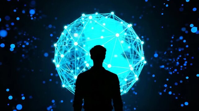 A glowing digital sphere rotates around the silhouette as bright nodes flicker and strands of data swirl in fast looping cycles. Suitable for AI, networking, cybersecurity, big data, and tech visuals