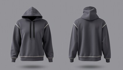 High Detail 3D Render Mockup of Charcoal Gray Pullover Hoodie with White Piping Outlines Front and Back Views on Neutral Gray Background
