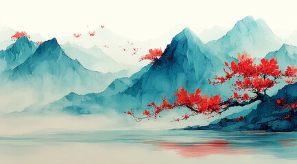 Serene Chinese landscape painting with red blossoms and blue mountains