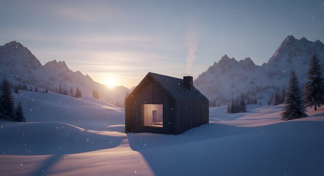 Cozy cabin in snowy mountains at sunset with warm light inside - Powered by Adobe