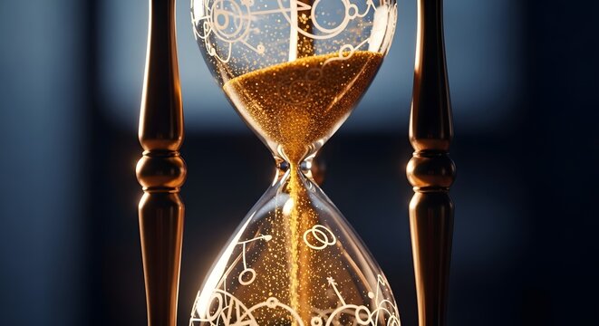 Close up of decorative hourglass with golden sand on dark background