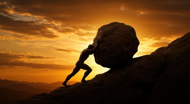 Silhouette of a man pushing a large boulder up a steep mountain at sunset rock