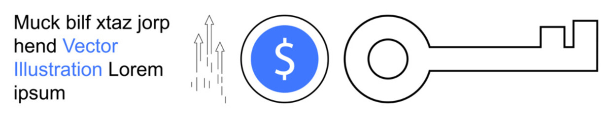 Financial growth, investments, economic security, income strategy, business success, wealth prospects. Dollar symbol, rising arrows and a key. Financial growth and investments concept