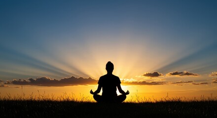 Silhouette of person meditating in lotus pose at sunset with sunburst meditation yoga