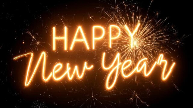 Celebrating new year with glowing text on a dark backdrop, showing bright golden fireworks exploding, symbolizing annual festivities, upcoming resolutions, and a fresh start christmas