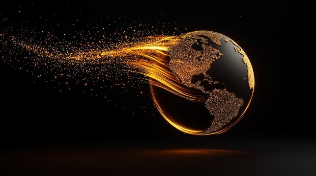 Globe Global Connectivity and Networking Globe with dynamic light trails representing data flow, dark background, visualizing global communication networks
