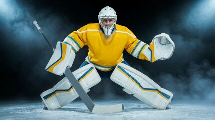 Focused ice hockey goalkeeper in yellow and blue uniform, full protective gear and goalie mask, ready to block a shot on ice rink under dramatic lighting.
