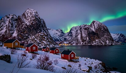Majestic auroras dance over snowy mountains and colorful cabins in Norway's winter twilight