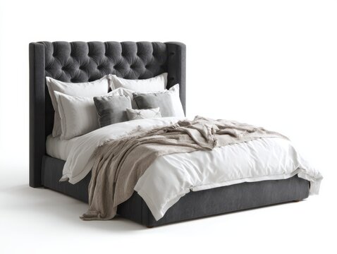 Luxurious tufted velvet bed with plush bedding and throw blanket