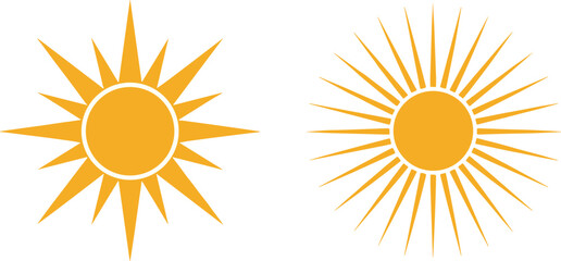 Orange Sun Vector Icon Set, Collection of Two Different Stylized Summer Star Symbols, Graphic Elements for Weather, Hot Season, Heat, and Solar Energy Concepts.