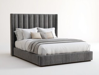 Plush grey upholstered bed with a tall channel tufted headboard and crisp white bedding